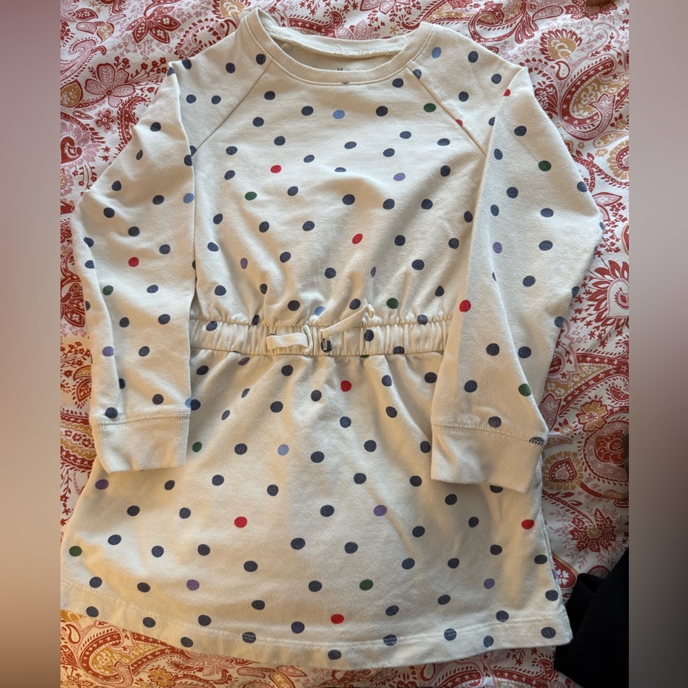 Primary rainbow polka dot drawstring jersey knit casual sweatshirt dress